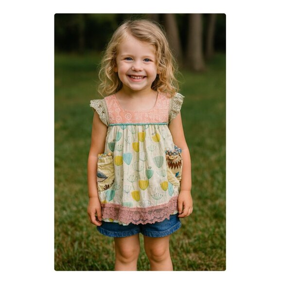 Matilda Jane Platinum Top Girls 4 Floral Patch Pockets Lace Trim Pink Ivory - Picture 1 of 4